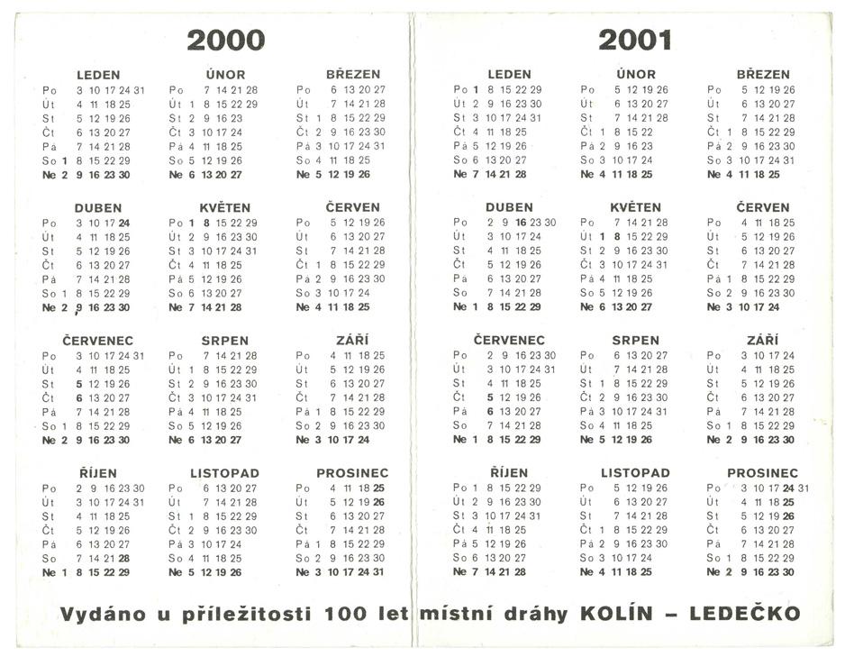 Календарь на 2000 год 100 let místní dráhy Kolín - Ledečko